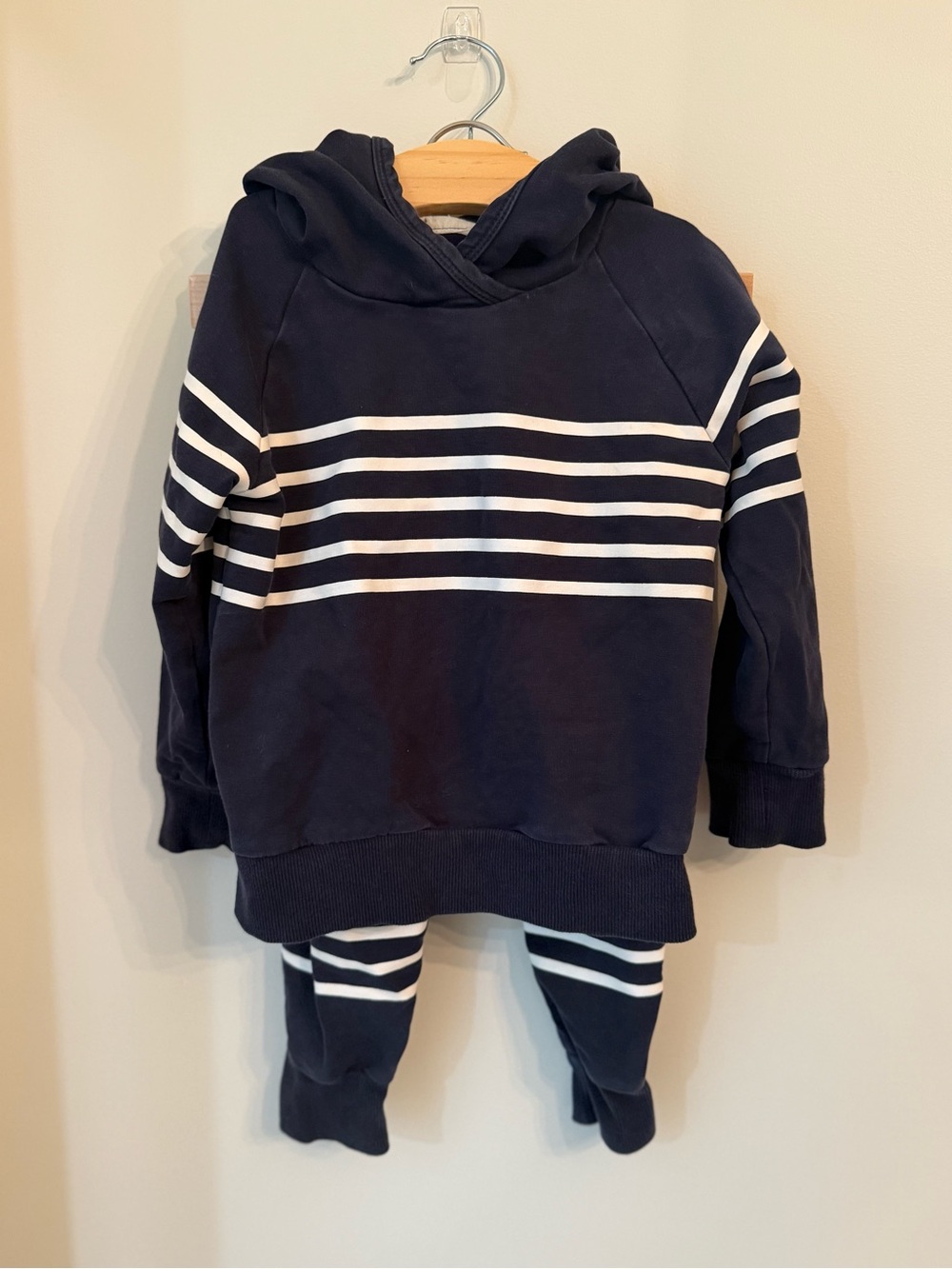 Kids Navy Hoodie with White Stripes - Cozy Pullover Sweatshirt & Jogger Set